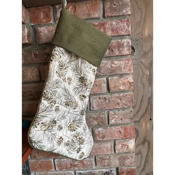 Christmas Stocking Cream Satin Olive Green Burlap Trim Pinecones Gold Details - Picture 1 of 6